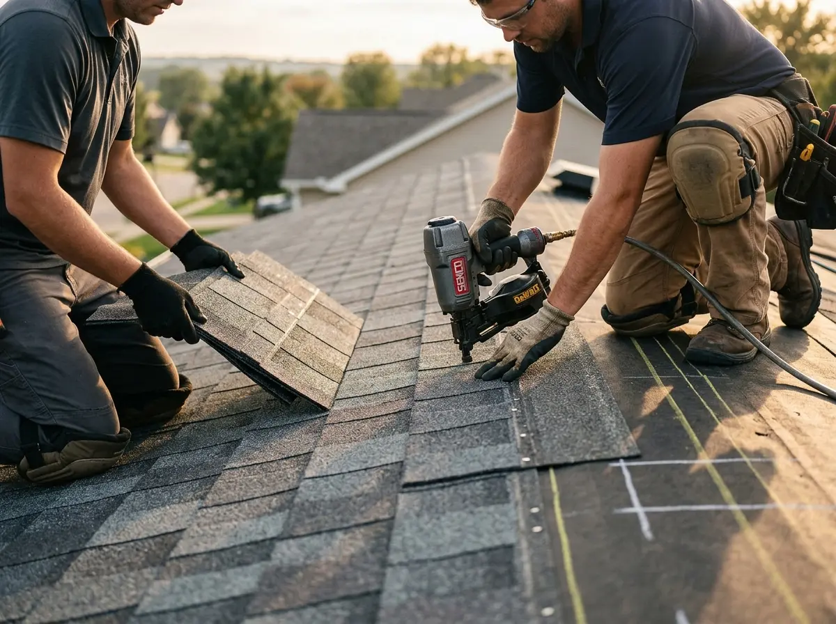 Professional roofer working on a residential roof in Elizabeth City